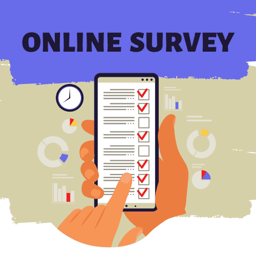 An image of a hand holding a smartphone with the words online survey.