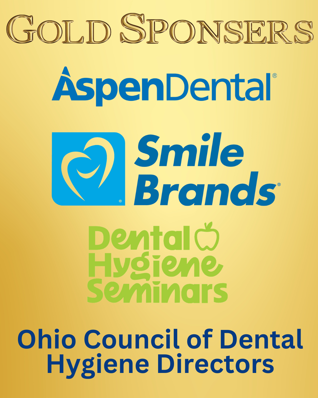 A yellow background with sponsors logos and the names of dental courses.